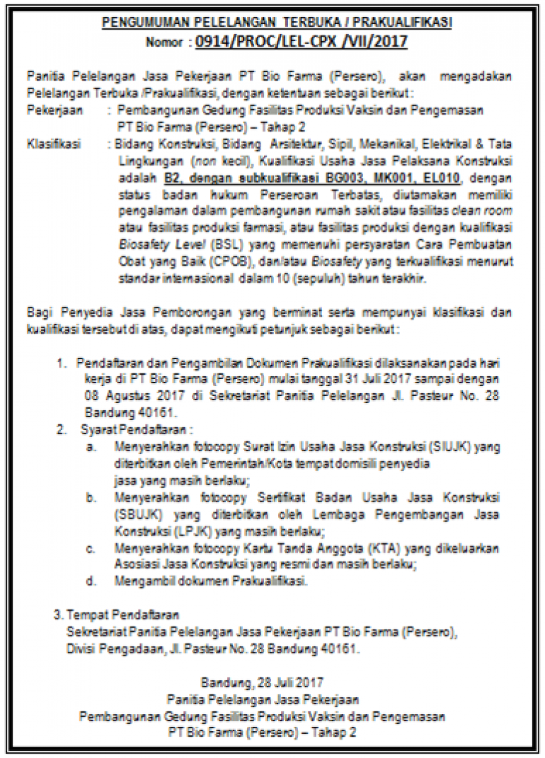 Pengumuman Pelelangan Terbuka 1